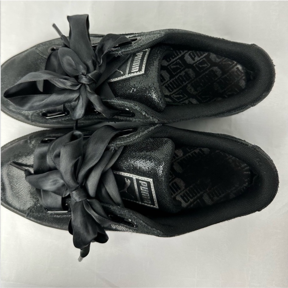 Puma Basket Heart Black Sneakers Sz 8 Women Satin Ribbon Lace Classic‎ - Picture 3 of 7